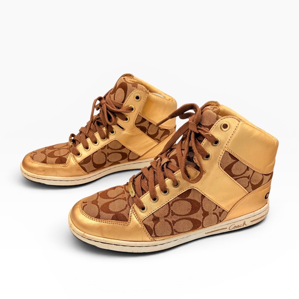 Coach Norra High Top Sneaker 9.5M Y2K Gold CC Signature Monogram Metallic Logo - Picture 4 of 9